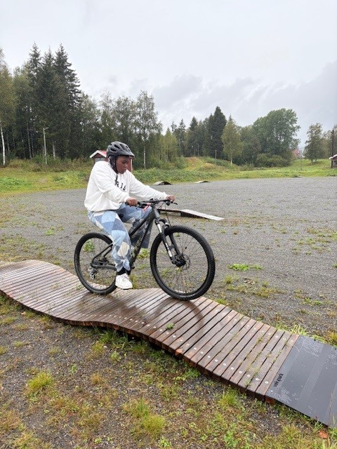 en person som sykler på en treplanke