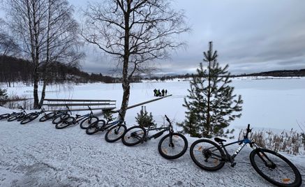 En gruppe sykler parkert ved en innsjø