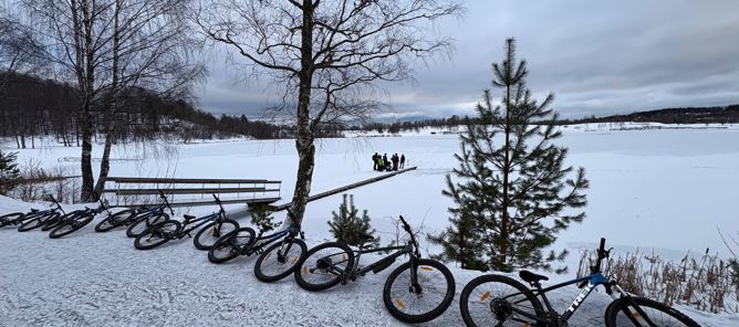 En gruppe sykler parkert ved en innsjø